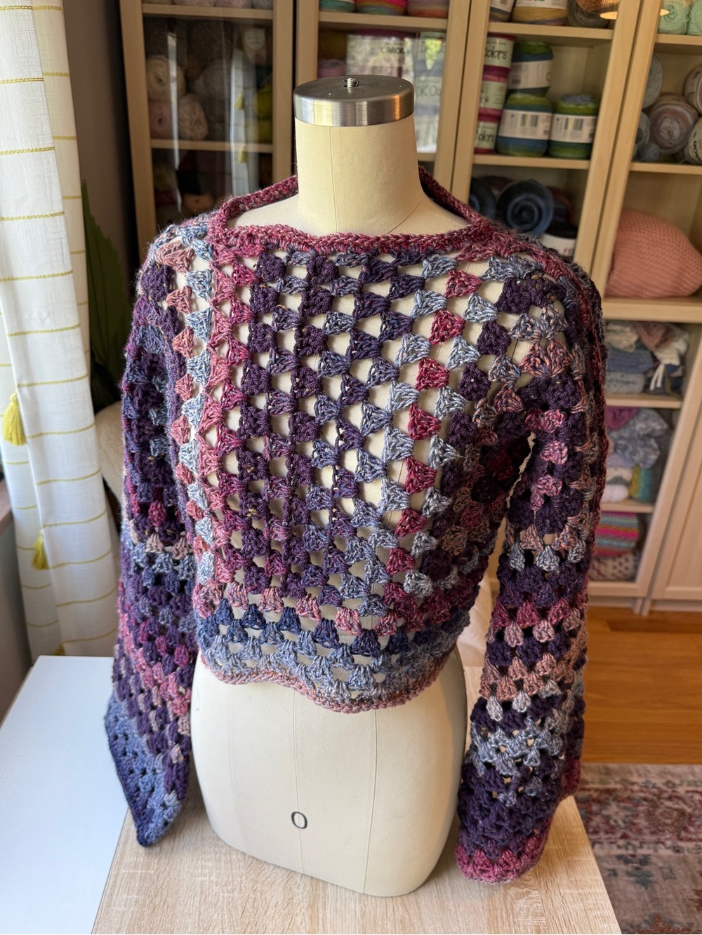 Handcrafted Purple Granny Cluster Cropped Sweater - crochet S/M